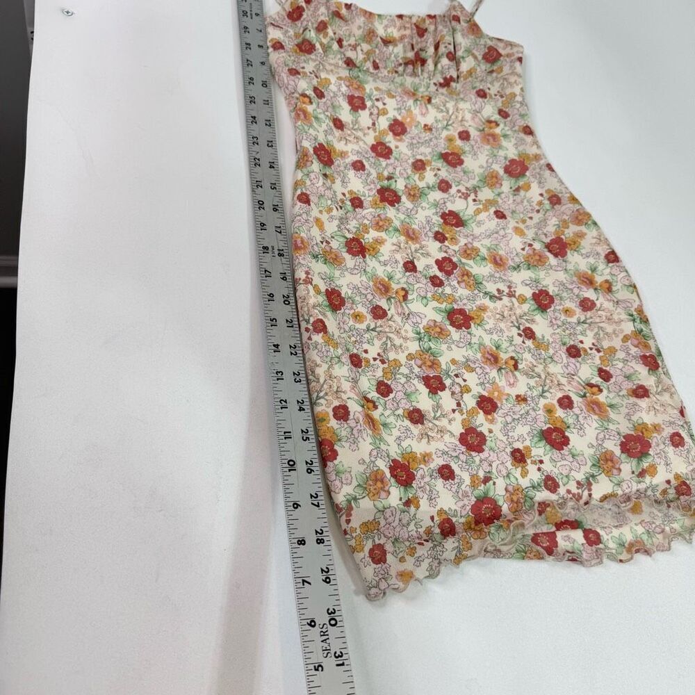 Liz & Sara Mini Dress Womens Medium Tan Floral Y2K Lined Smocked Crepe Milkmaid - Picture 2 of 9